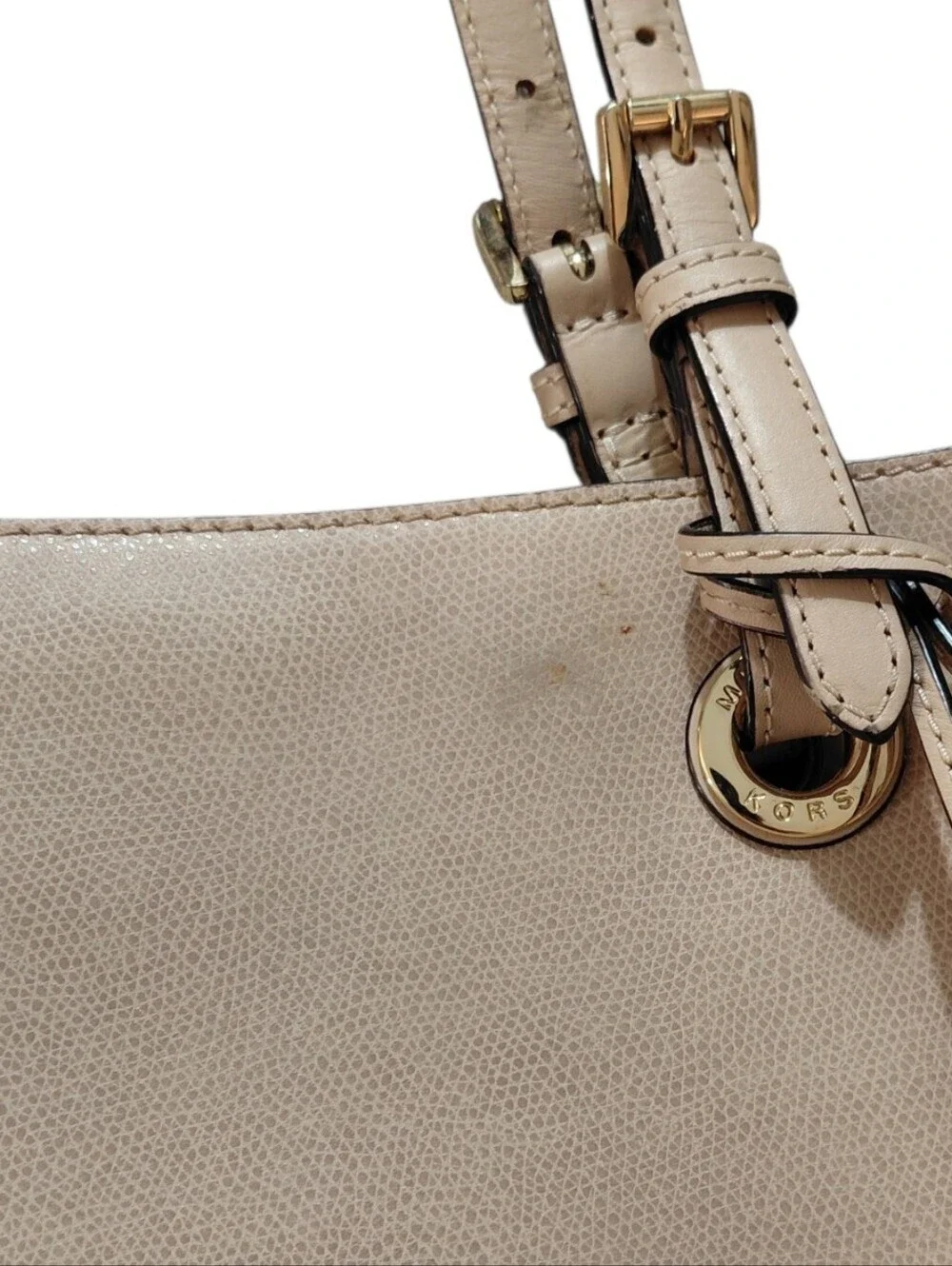 Michael Kors Peach Beige Leather Tote Shoulder Bag w Gold MK Charm